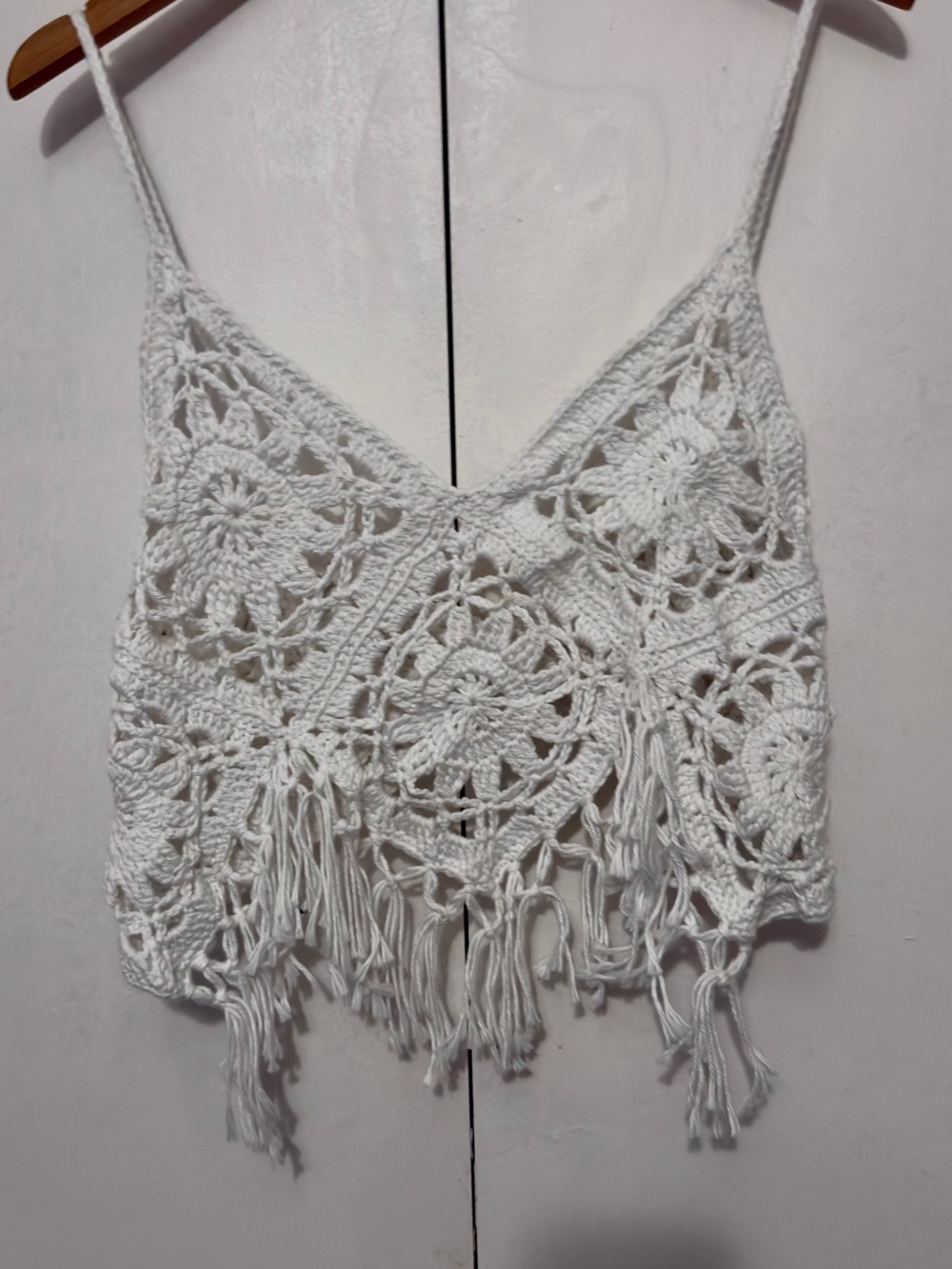 Handmade White Crochet Fringe Crop Top